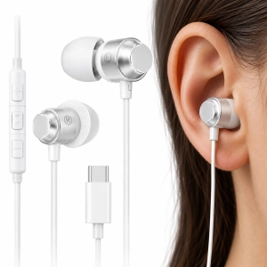 Słuchawki Douszne USB-C Białe z Mikrofonem Stereo do Samsung iPhone 15 16