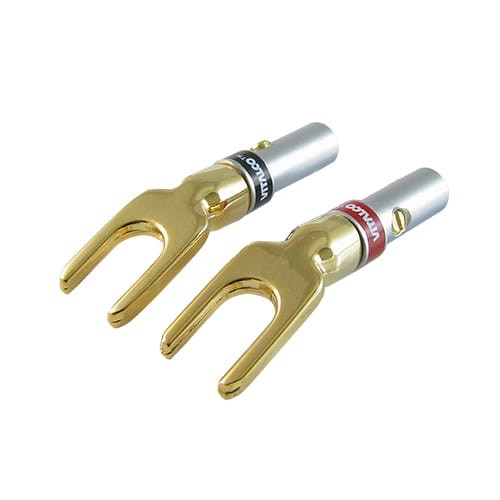 Wtyk widełkowy złocony chromowany na kabel 4mm, VITALCO